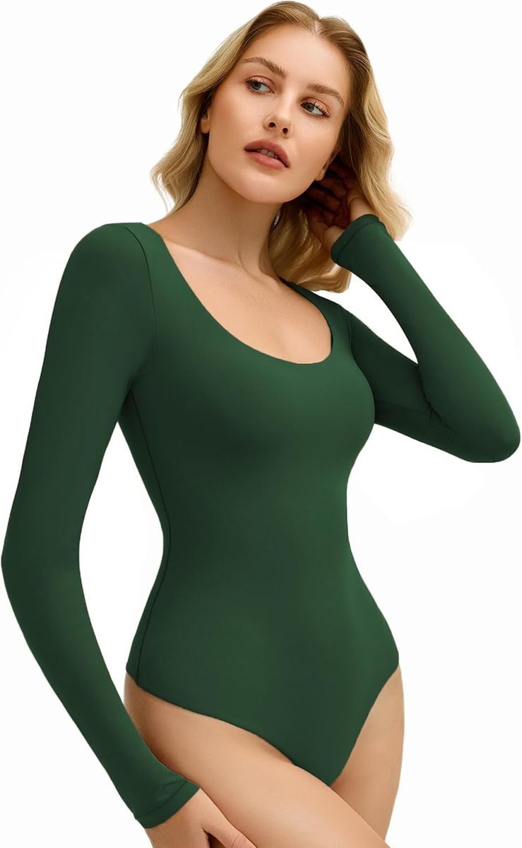 Emerald green scoop neck bodysuit shapewear, ultra-soft, stretchy and breathable, flattering fit