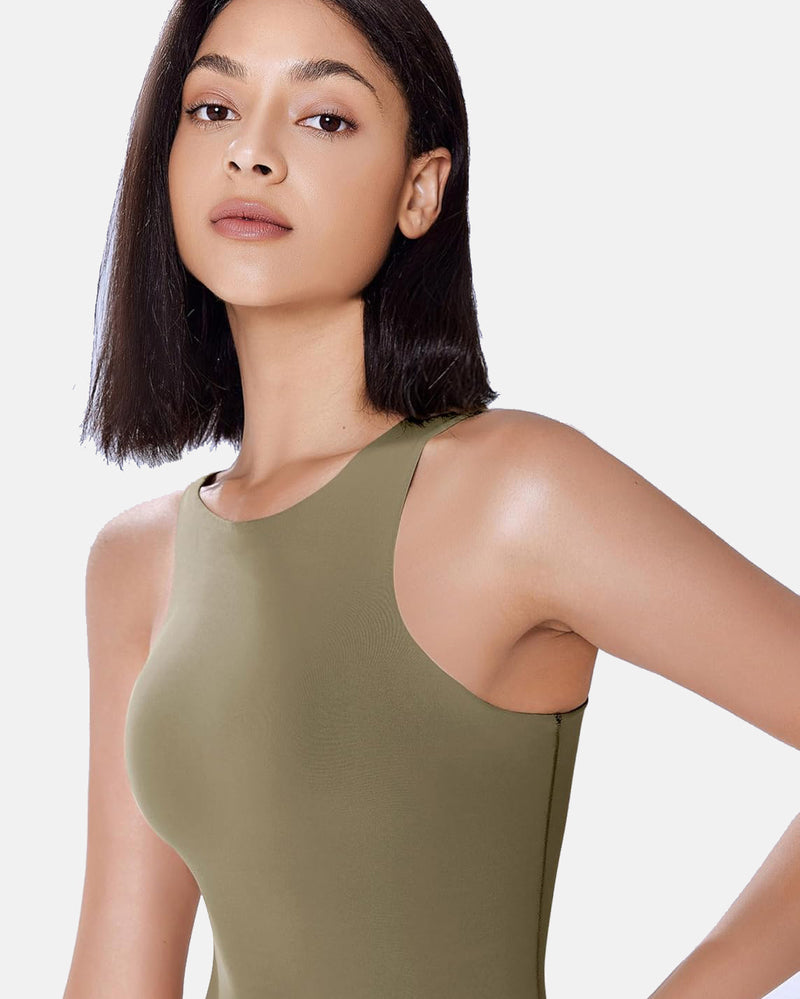Olive green high-neck shapewear bodysuit, body-shaping, comfortable and breathable design.