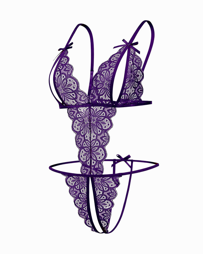 Purple lace open cup bodysuit with bow detail. Sexy backless lingerie