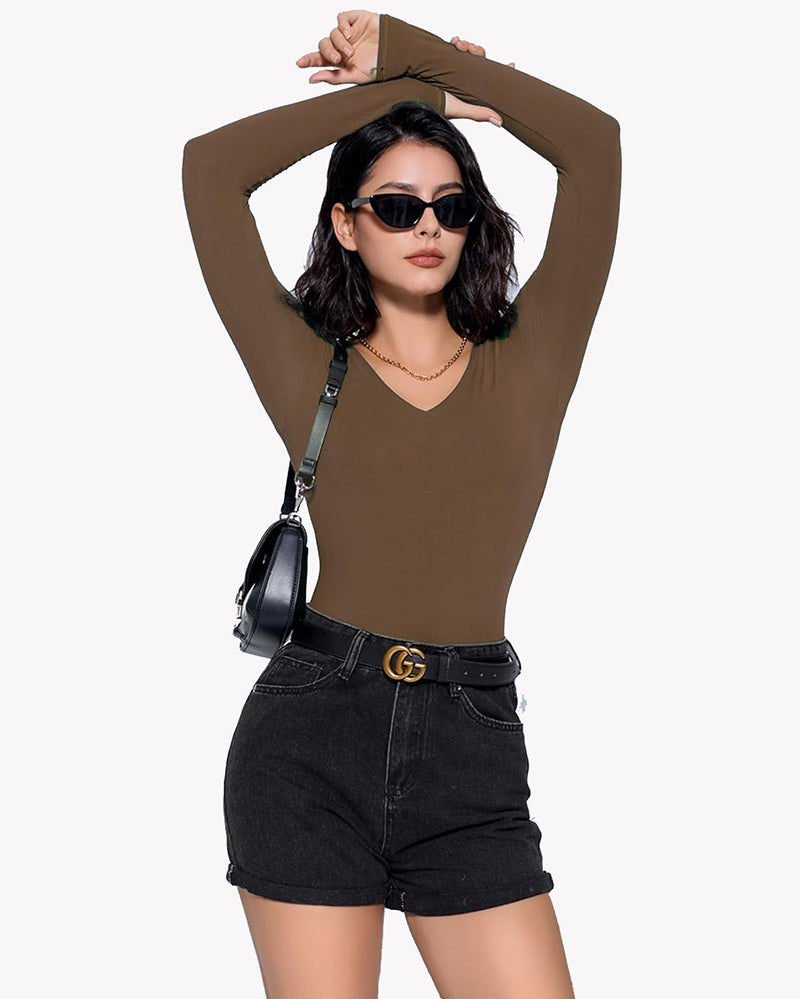 Brown long sleeve V-neck bodysuit, curve-enhancing shapewear for a confident and classy look.