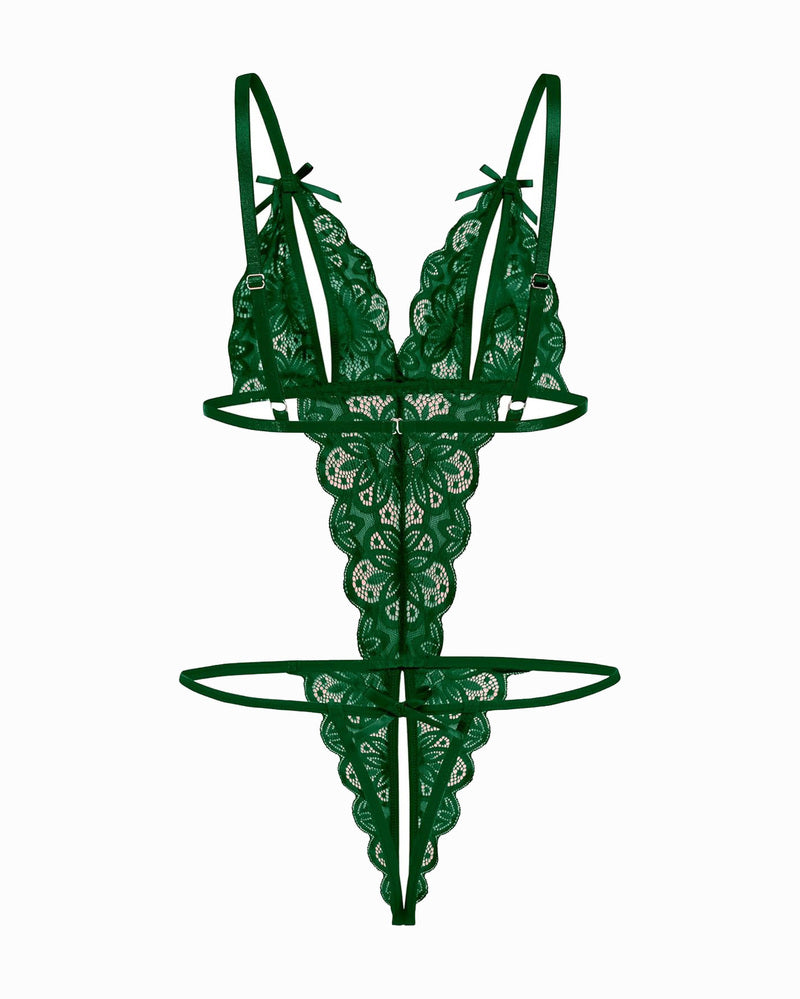 Green lace bodysuit with deep V-neck, backless design and bow details. Sexy lingerie.