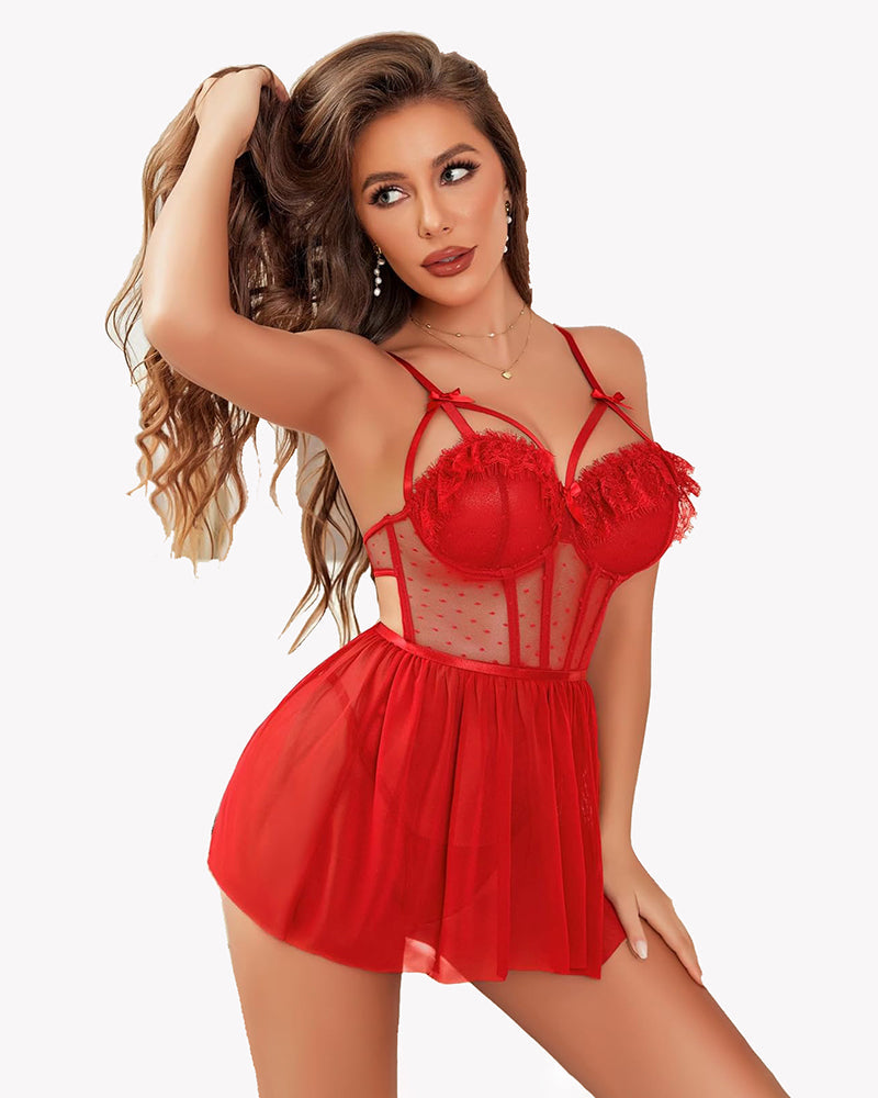 Red mesh lace Avidlove nightgown, push-up bustier, flowing skirt, glamorous look for women.