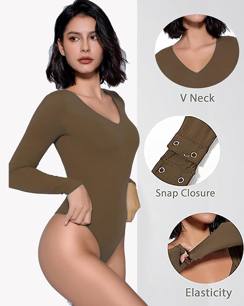 Brown long sleeve V-neck bodysuit with double-lined shapewear, Snap Closure, and high elasticity.