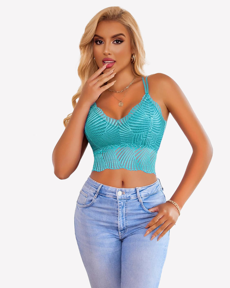 Teal lace Avidlove V-neck crop top with scalloped edge, model in jeans, sexy lingerie