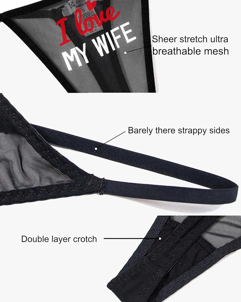 Black mesh "I Love My Wife" thong panties, sheer breathable fabric, low rise, sexy lingerie.