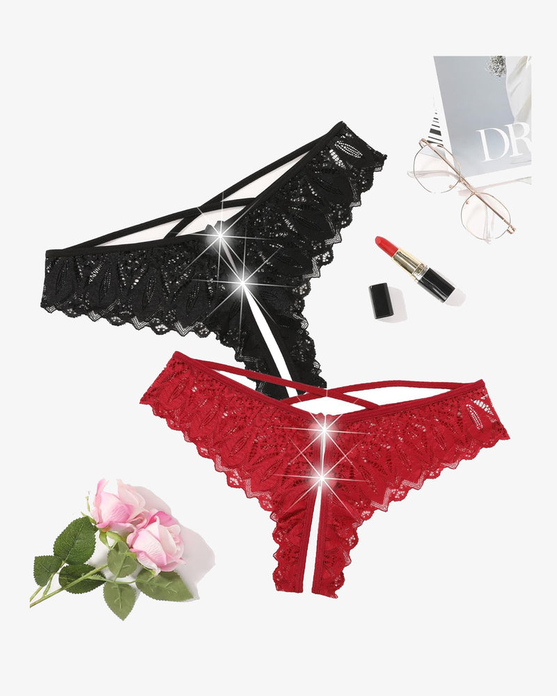 Black and red lace Avidlove Criss Cross Hipster Underwear. Sexy lingerie with cross-strap detail.