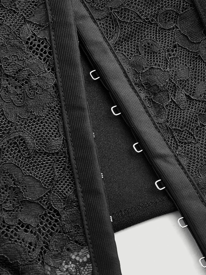 Black lace crop top with long sleeves featuring floral lace and hooks, a sexy and comfortable look