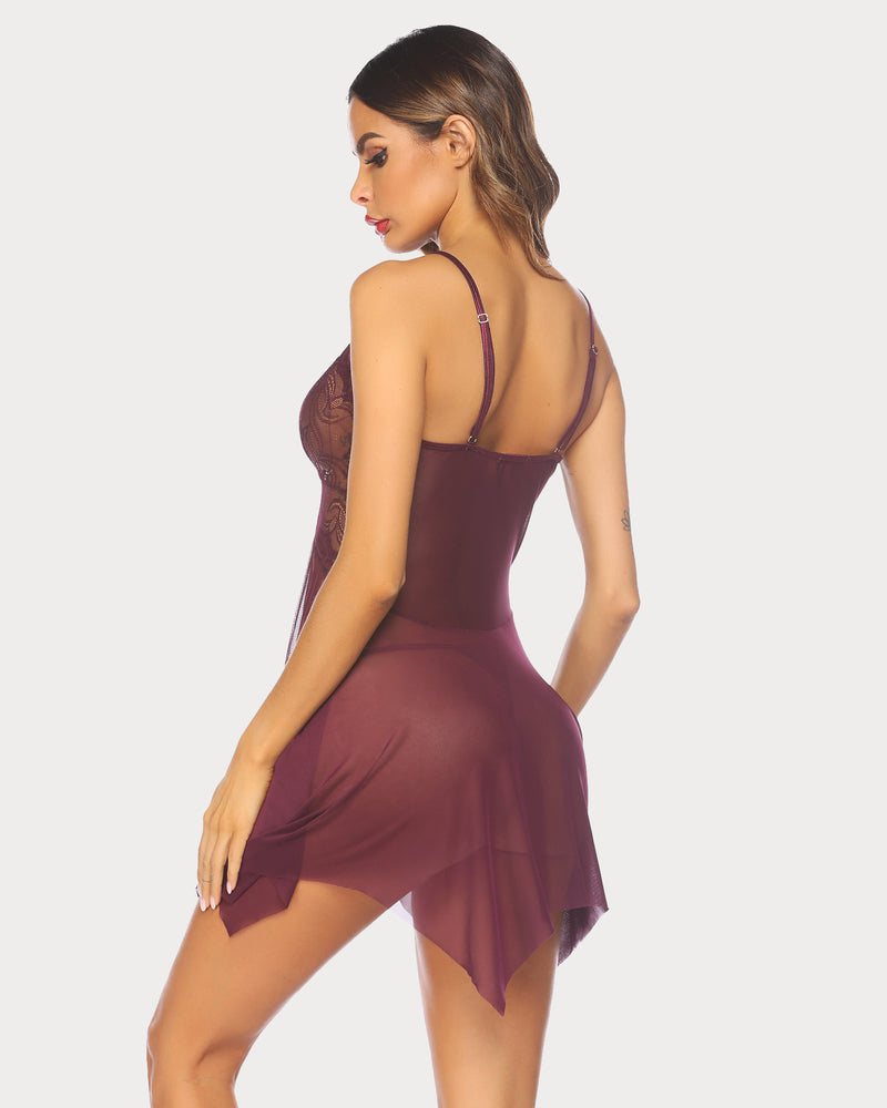 Plum lace babydoll plus size lingerie, adjustable straps and flowing asymmetrical hem.