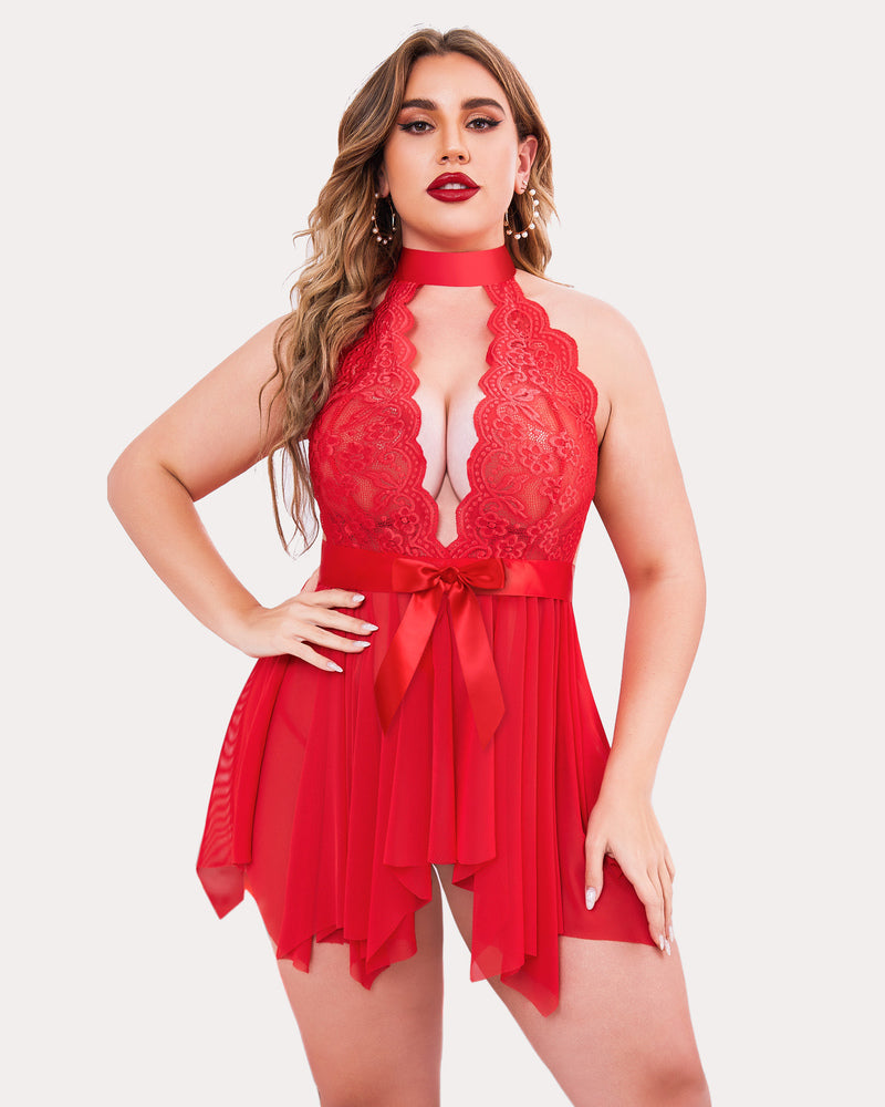 Plus Size Red Lace Halter Babydoll Lingerie Set with Satin Bow and Sheer Mesh Skirt