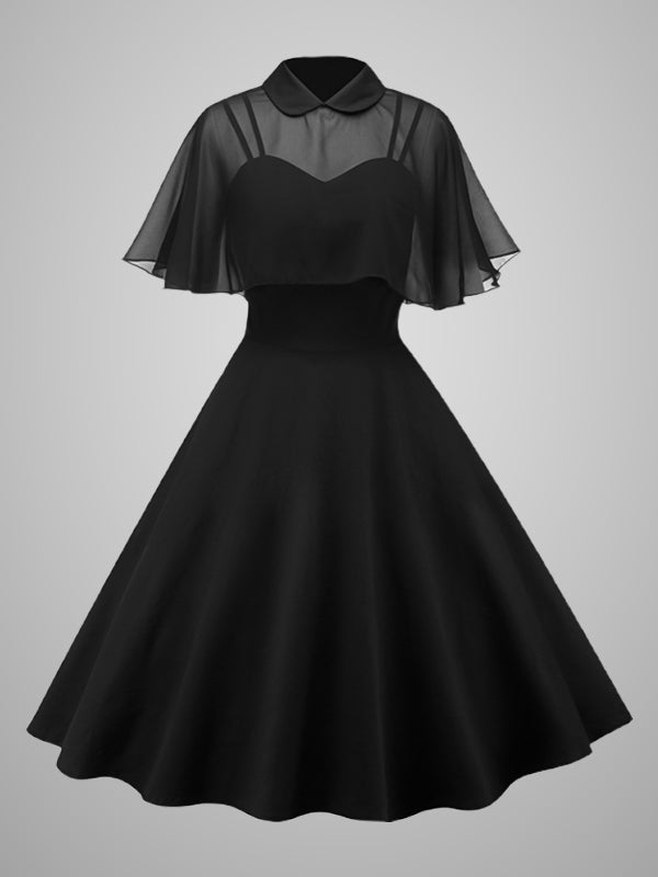 Black Witch Dress: Retro 1950s vintage style dress with spaghetti straps and chiffon cape