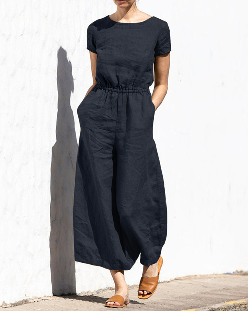 Navy cotton linen wide leg jumpsuit. Casual style, elastic waist, perfect for daily wear.