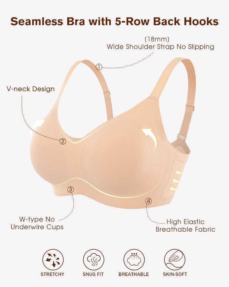 Seamless beige V-neck bra with 5-row hooks, wide straps, and breathable fabric for comfort.