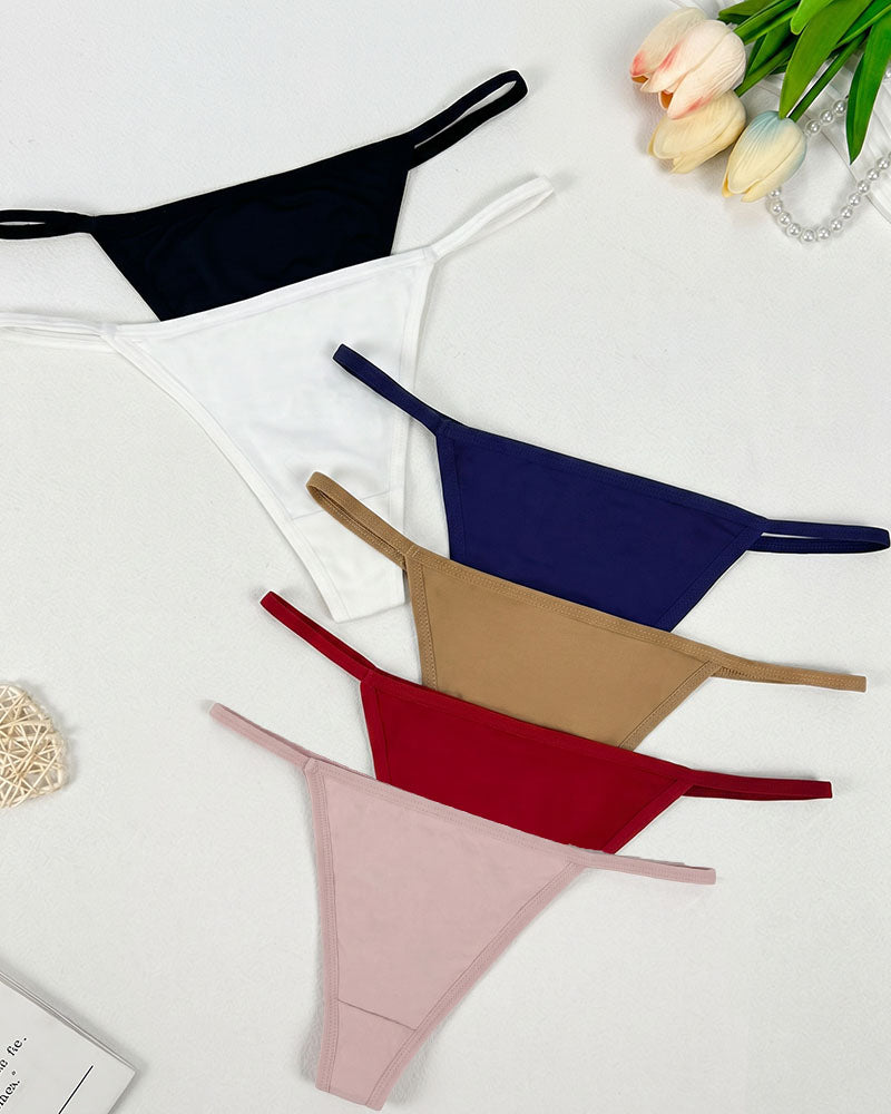 Low-rise thong panties set in multiple colors: black, white, navy, red, and blush.