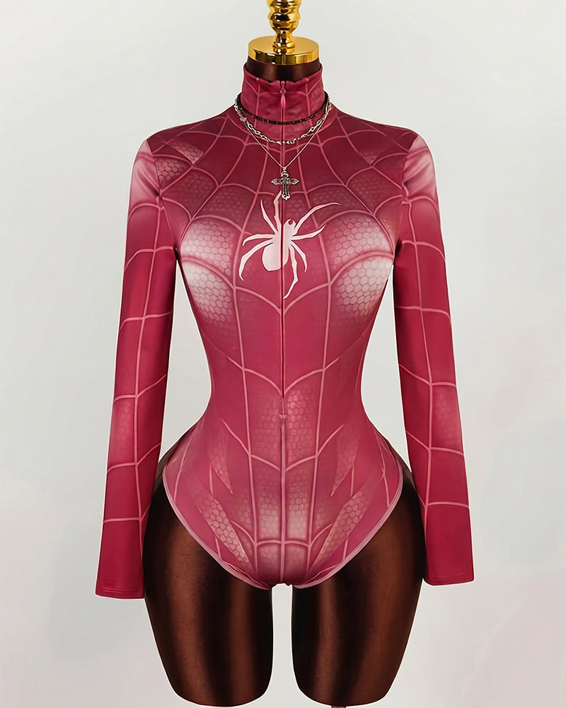 Pink spider web long-sleeve bodysuit with white spider graphic and front zipper seam.