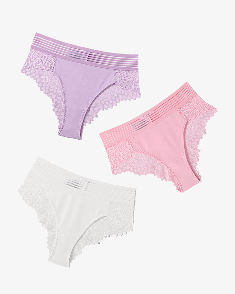 Cotton blend lace cheeky hipster panties in lavender, pink, and white, perfect for comfort and style