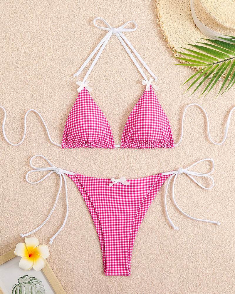 Pink gingham halter bikini set with tie-side bottoms. Sexy swimwear for women. Plaid bikini set.