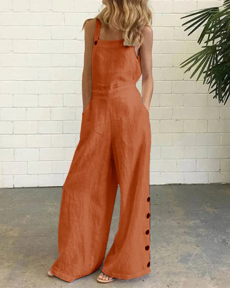 Orange cotton-linen blend wide leg bib pants romper with button details for women, casual style