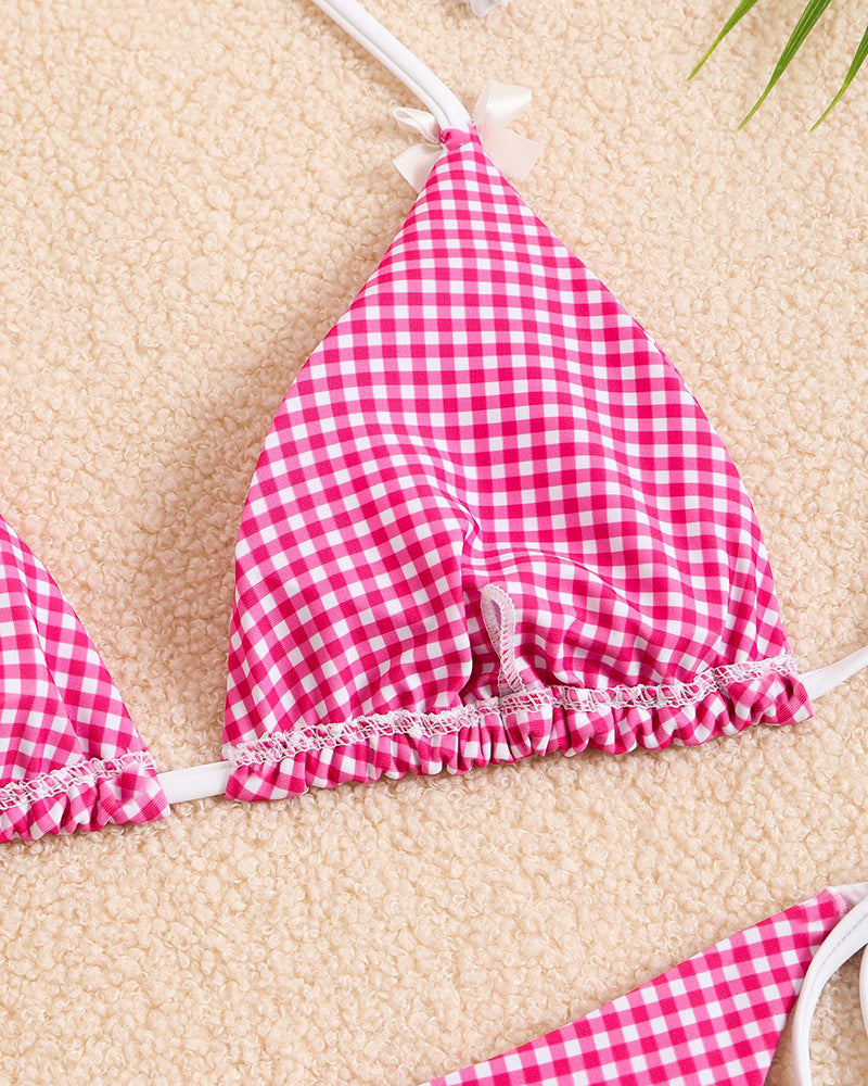 Pink gingham halter bikini set with tie-side details. Sexy swimwear for women. Plaid bikini set.