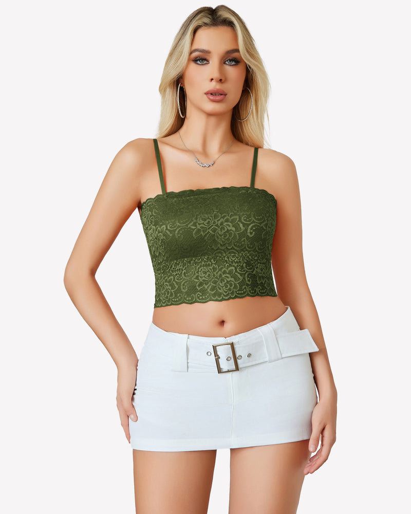 Olive green lace bralette with adjustable straps and white mini skirt. Sexy Avidlove lingerie.
