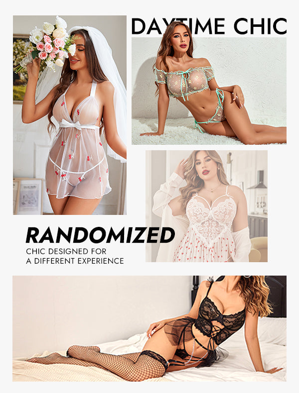 Avidlove Blind Box: Mixed lingerie styles (white, floral, black lace) for a randomized surprise.