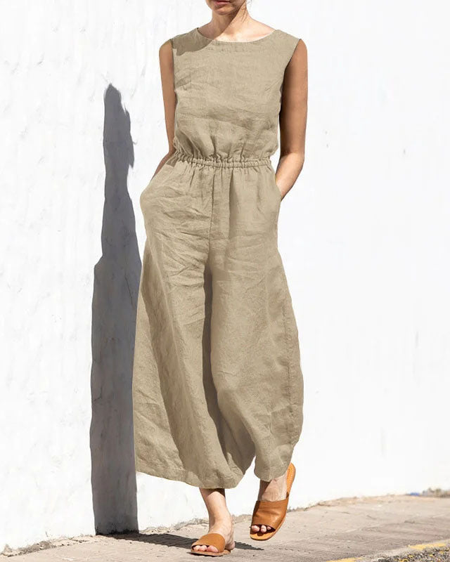Beige wide leg cotton jumpsuit with elastic waist, perfect for casual and daily wear.