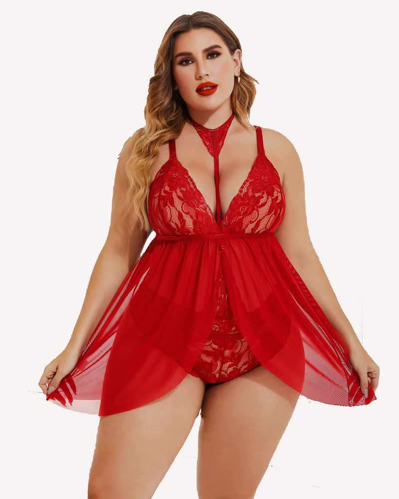 Plus Size Red Lace Babydoll Lingerie with Choker; Mesh Overlay Design