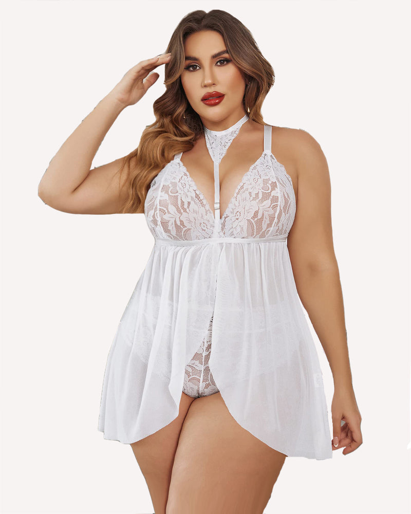 Plus size white lace babydoll lingerie with mesh overlay and removable choker; ideal for sleepwear.