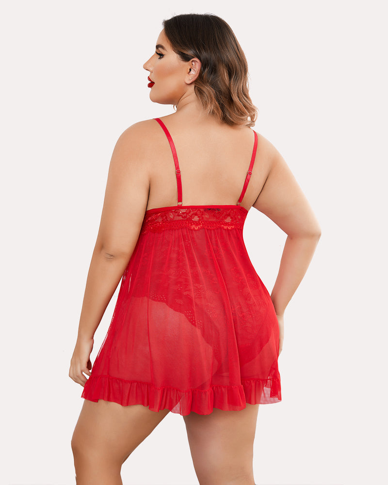Plus Size Red Floral Lace Babydoll Lingerie with Ruffle Hem
