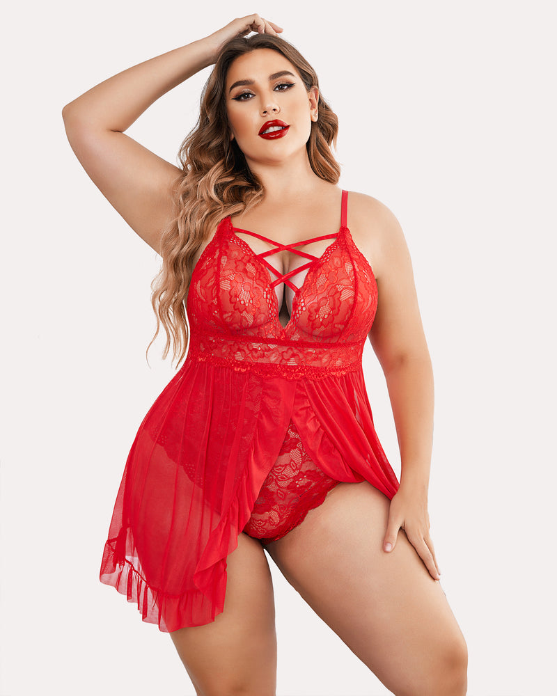 Plus Size Red Babydoll Lingerie with Lace, Criss-cross Straps, and Mesh Skirt, Avidlove