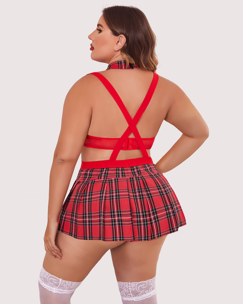 Plus size red plaid lingerie set with mini skirt, suspender straps, and choker