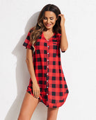 Red plaid short sleeve V-neck nightshirt, comfy pajama dress for women, casual sleepwear.