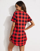 Plaid V-neck Nightshirt, Red and Black, Casual Sleepwear, Pajama Dress