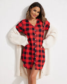 Red plaid button-down short-sleeve nightshirt, cozy V-neck pajama dress, casual sleepwear for women.