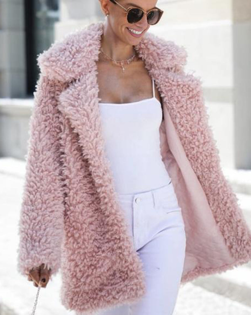 Oversized pink fleece teddy jacket, plush material, casual style for women
