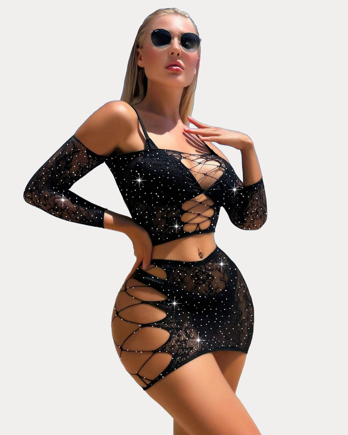 Black rhinestone fishnet lingerie set, mesh top and skirt, criss-cross design