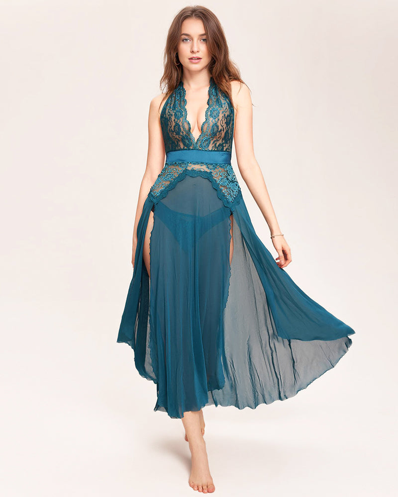 Blue Green Deep V Neck Lace Mesh Dress with floral lace and split design, perfect for special nights