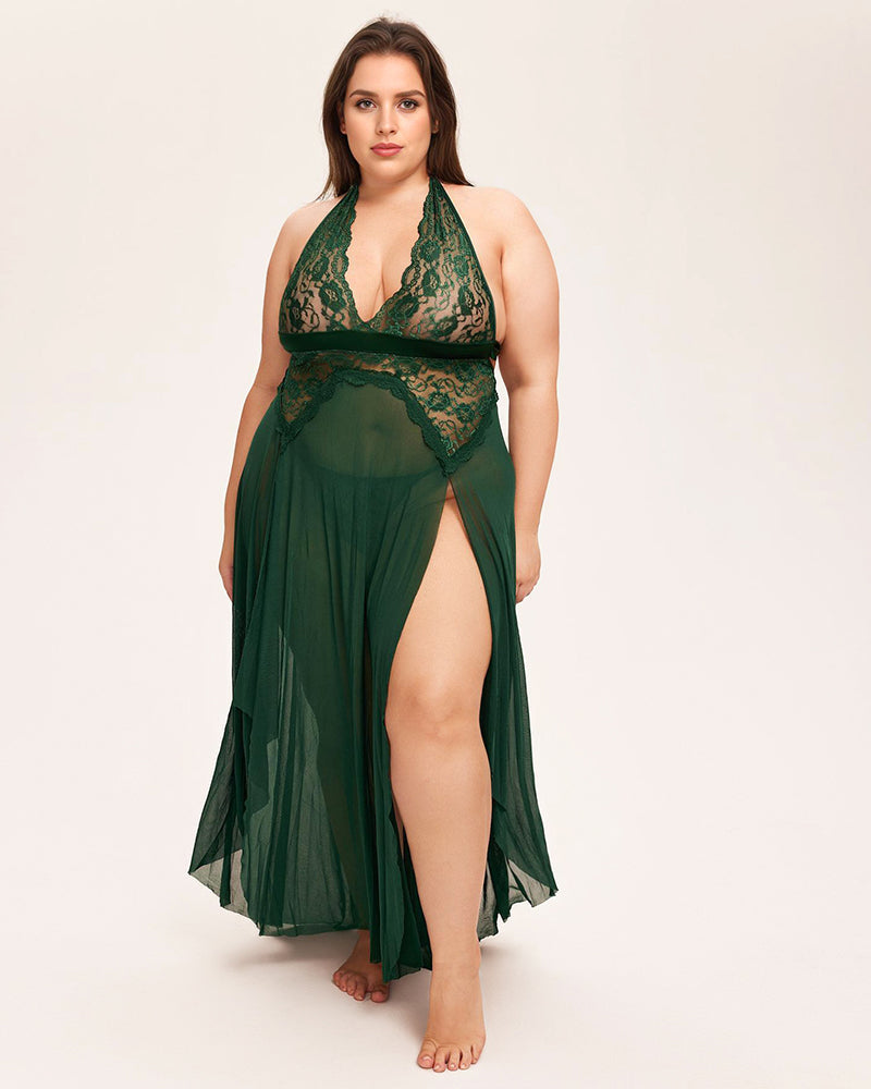 Dark green Deep V neck lace mesh dress, featuring halter neck and high slit.