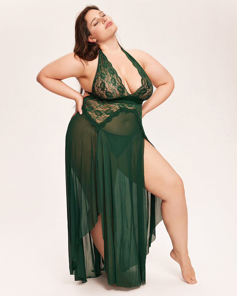 Dark green Deep V neck lace mesh dress with halter neck and high slit, perfect for special nights.