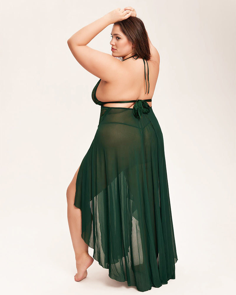 Dark green lace mesh dress with halter neck, high slit, and floral details; ideal for lingerie.