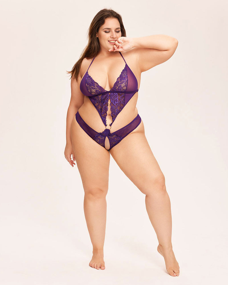 Purple lace teddy mini bodysuit with deep V halter on a woman, nightwear lingerie