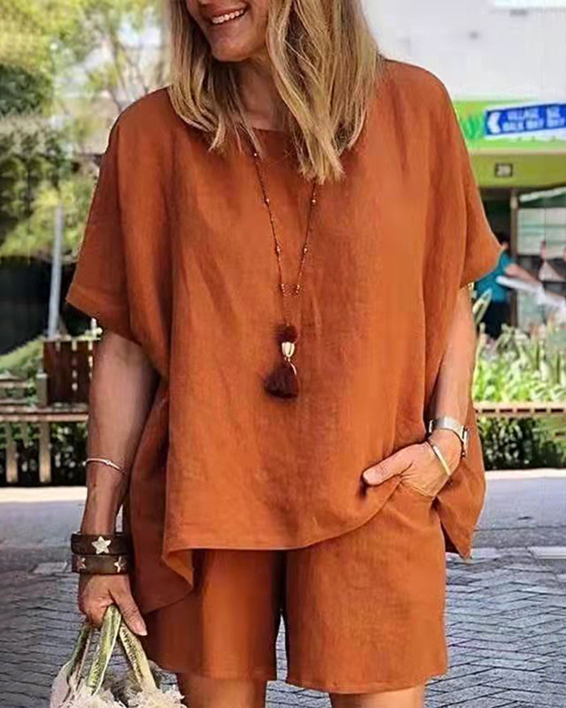 Two Piece Outfits Solid Color Short Sleeve Blouse Casual Retro Loose Shorts Sets