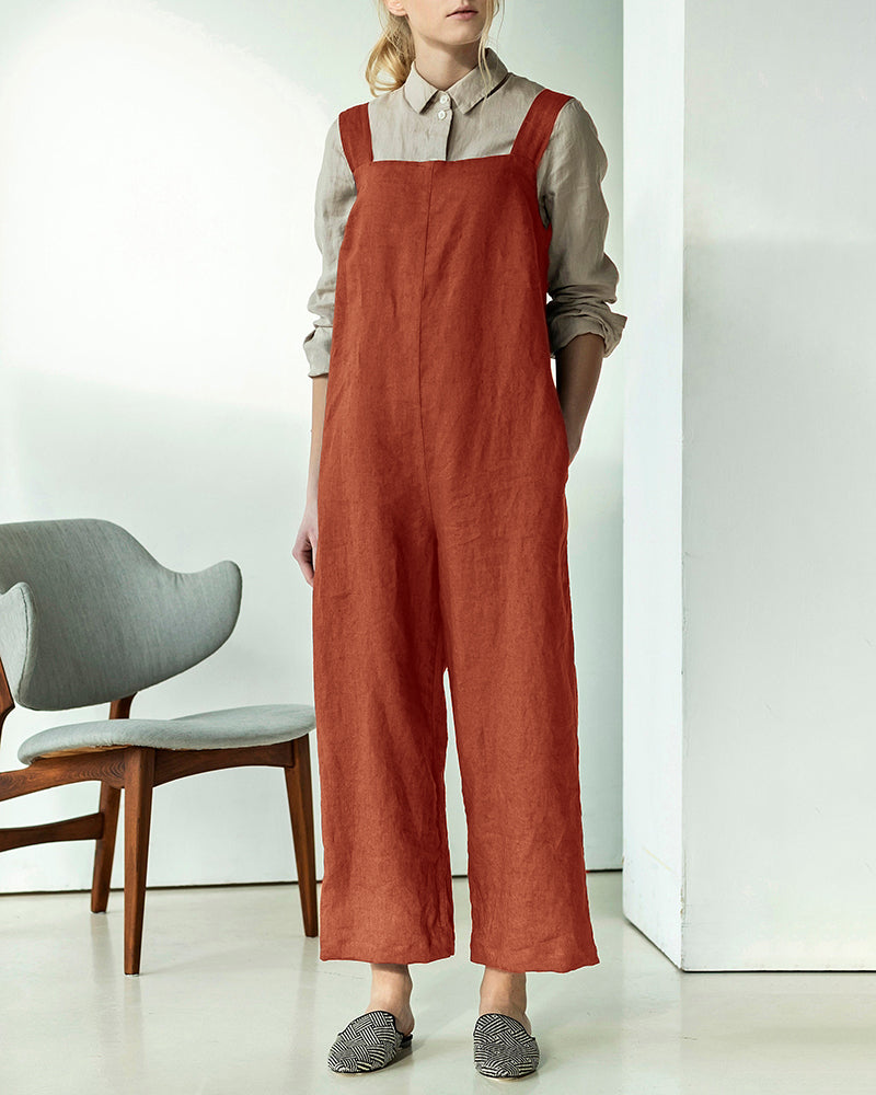 Rust linen overalls jumpsuit with hidden zipper, casual style, perfect for leisure and daily wear.