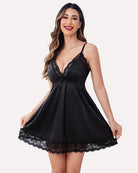 Navy satin V-neck nightdress with lace trim and adjustable straps, elegant for women.