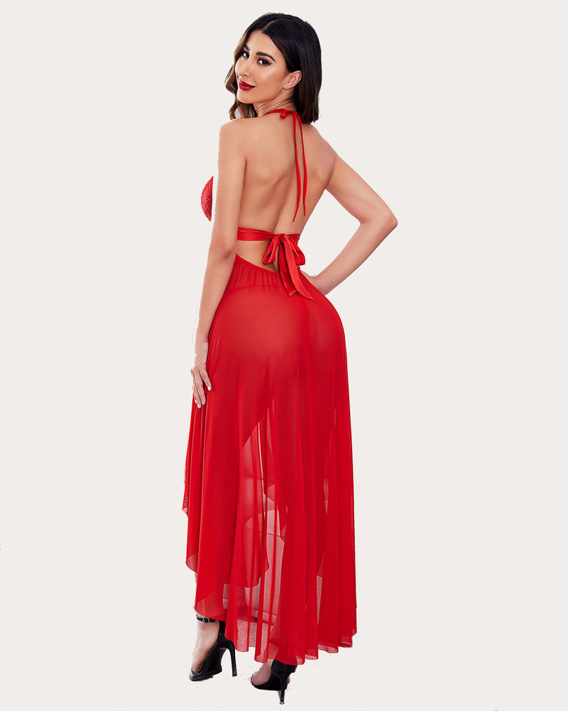 Red halter neck lingerie dress with flowing skirt and lace details