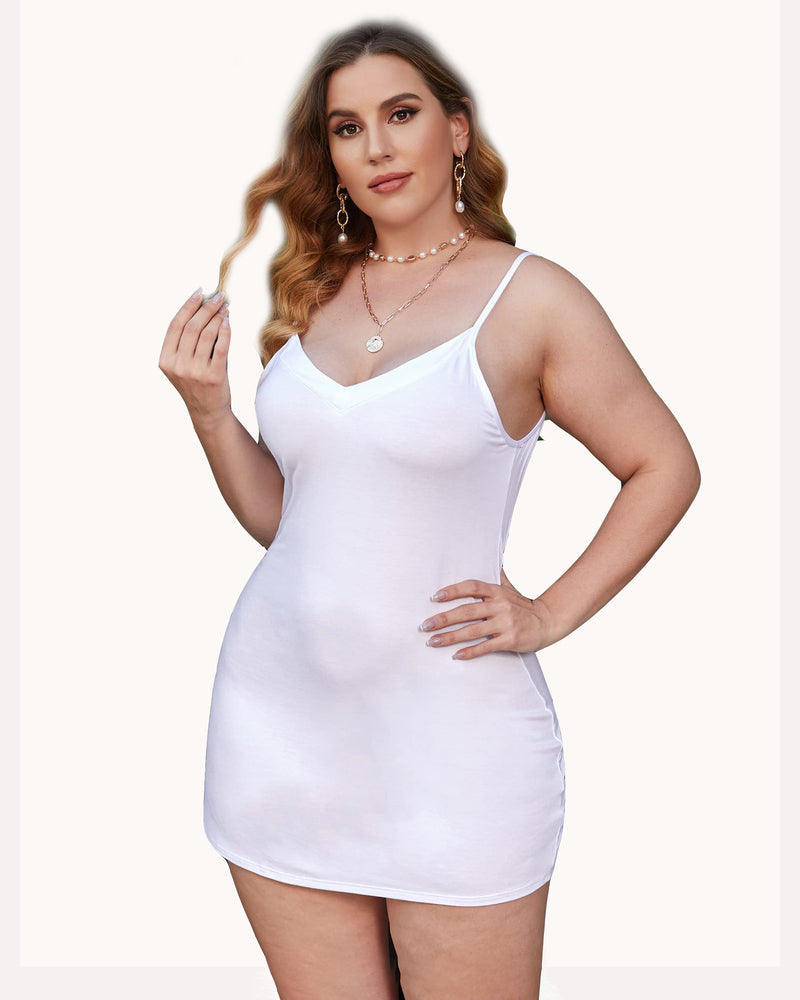 White full slip cami dress, plus-size model with adjustable straps and flattering v-neckline