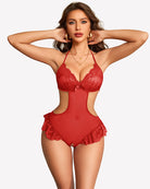 Red sheer lace bodysuit with lace triangle cups and ruffled garter thigh bands