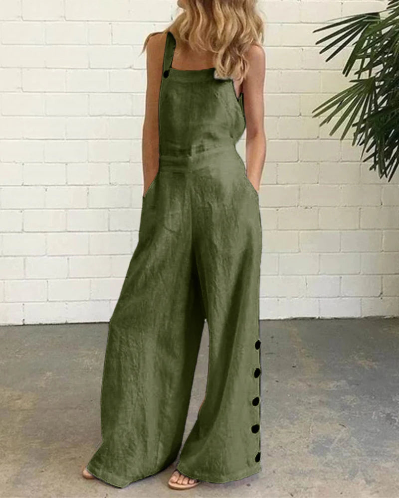Olive green cotton-linen blend wide leg bib pants romper for women, casual style, button details