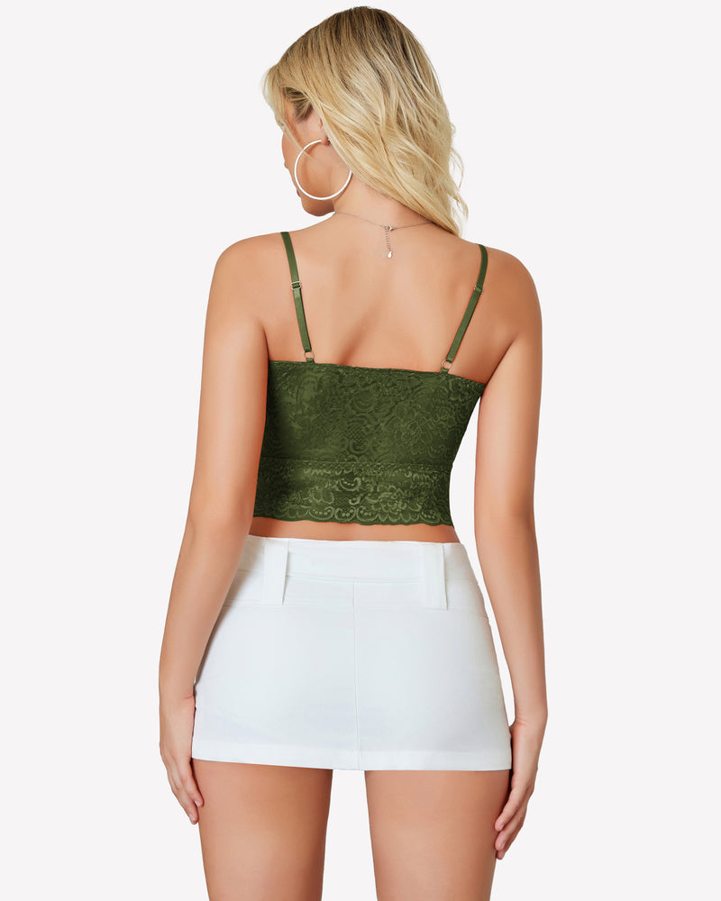 Olive green lace bralette with adjustable straps and white mini skirt from Avidlove. Sexy lingerie.
