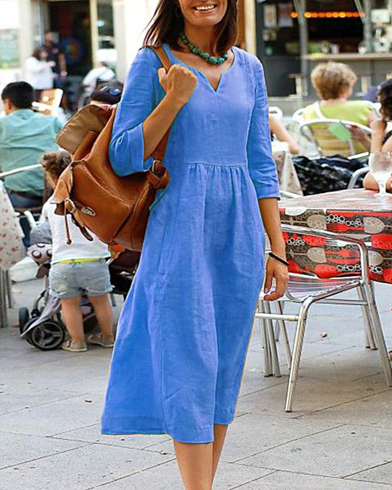 Blue cotton linen beach dress with V-neck and 3/4 sleeves, vacation style