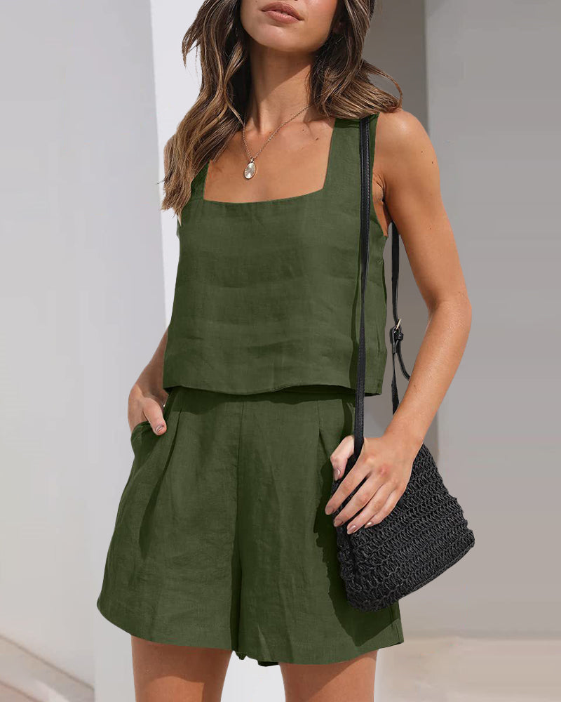 Olive green linen crop top and shorts set. Square neck tank and shorts. Casual summer outfit.